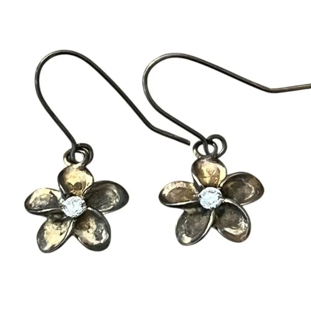 Sterling Silver Flower Crystal Center Stone 925 Dainty Dangle Earrings